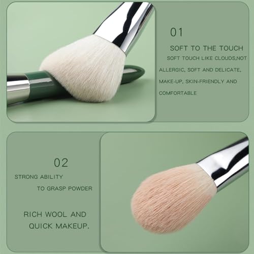 Natural Real Goat Hair Makeup Brushes Set Labeled 9 Piece Face and Eye Brush Set Ultra soft hair Foundation, Concealer, Blush, Contour, Blending, Eyeshadow Kabuki travel makeup brush set (green)
