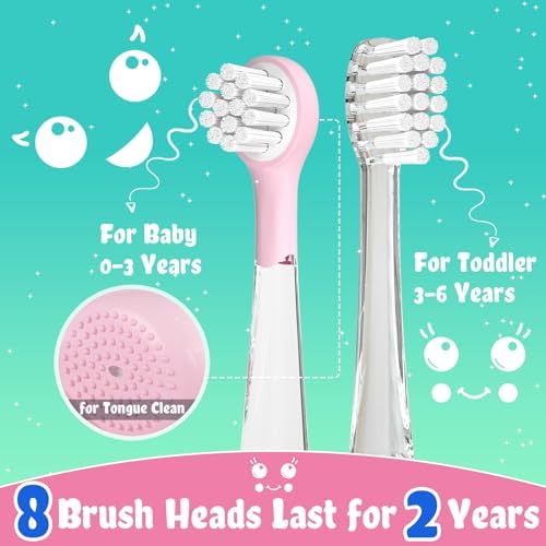 SEAGO Kids Electric Toothbrushes Rechargeable, Toddler Electric Toothbrush with Magnetic Charging, LED Observing Light, 8 Toothbrush Heads for Ages 2-4-6 Boys Girls (Pink)