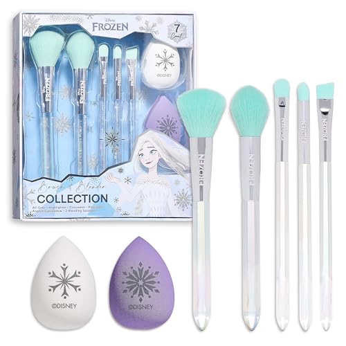 Disney Frozen 7PC Premium Makeup Brush & Blender Set, All-over, Highlighter, Concealer, and Eyeshadow Brush, 2 Beauty Blender Sponges for women and girls by Belle Maison