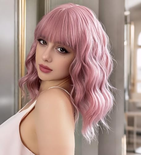 VCKOVCKO Pastel Wavy Wig With Air Bangs Women's Short Bob Purple Pink Wigs Curly Wavy Shoulder Length Pastel Synthetic Bob Wig for White Women Girls Daily Use Colorful Wigs(12", Purple Pink)