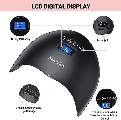 MelodySusie 48W LED UV Nail Lamp - Black, Energy Efficient, 365nm-405nm Wavelength, Compatible with Most Gels, 4 Timer Settings, Infrared Sensor, User-friendly Design, Widely Applications