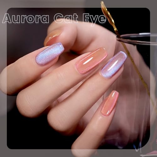 RARJSM Aurora Glitter Cat Eye Gel Nail Polish Set 6Pcs Nude Pink Light Purple Gold Brown Green Blue Galaxy Mermaid Glitter Cateye Gel Polish with Magnetic Stick UV LED Curing Require Home Salon