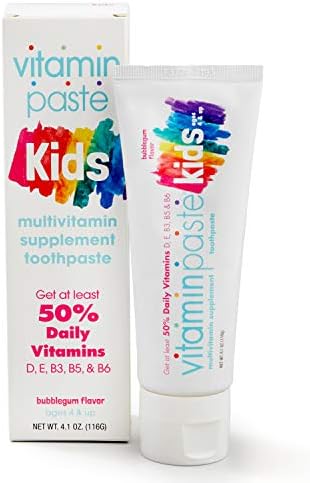 Kids Toothpaste with Daily Multivitamins B3, B5, B6, D, E, Xylitol, Calcium, Fluoride Free, Fresh Breath, Fights Tarter, Anti-Cavity, Safe to Swallow, 4.1oz, Bubble Gum Flavor