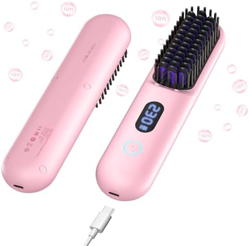 Cordless Hair Straightener Brush-Portable Straightening Comb, 9600mAh Batt, Plasma Tech, 9 Temp-Settings & LED Display, for Travel & Home(Pink)