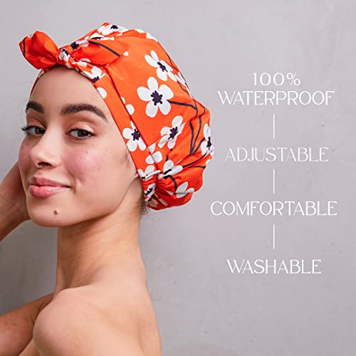 GRACE & COMPANY Luxury Shower Cap For Women - 100% Waterproof, Reusable, Washable & Breathable Shower Caps - Clementine