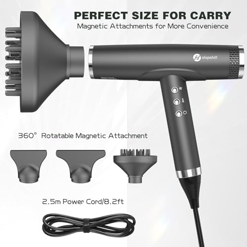 slopehill Professional Ionic Hair Dryer with Diffuser - Lightweight, Compact, Powerful & Fast Salon Blow Dryer with High Speed Brushless Motor for Travel, Women & Men (Ceramic, Black)