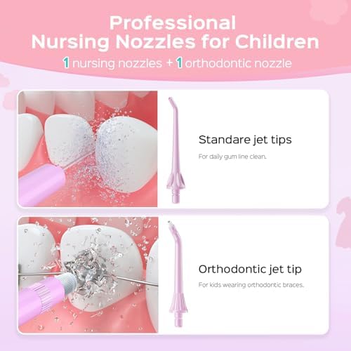 COSLUS Kids Water Dental Flosser Deep Cleaning Picks Portable 4 Modes for Ages 6+ Safe Waterproof Rechargeable with 2 Jet Tips for Gums Care Pink Purple