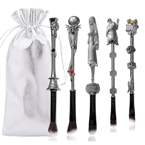 Nightmare Before Christmas Makeup Brushes - 5pcs Corpse Bride Anime Make Up Brush Set Silver Drawstring Bag Included (NEW 5Pcs)