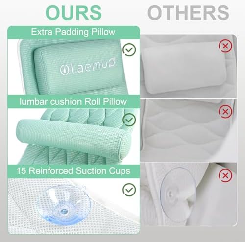 Full Body Bath Pillow Bathtub Pillows-Removable Lumbar Cushion with 17 Non-Slip Suction Cups 4D Air Mesh Fit Any Tub Luxury Bathroom Accessories-Green
