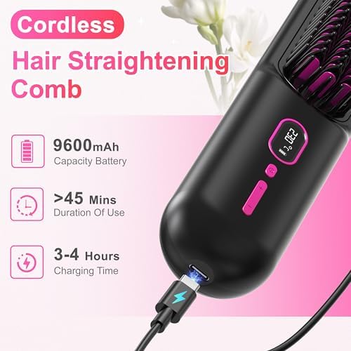 Cordless Hair Straightener Brush - [200M Negative Ions] Portable Straightening Brush for Women, USB Rechargeable, Anti-Scald, Fast Heating Mini Straightener Comb for Travel Car Outdoor, Black
