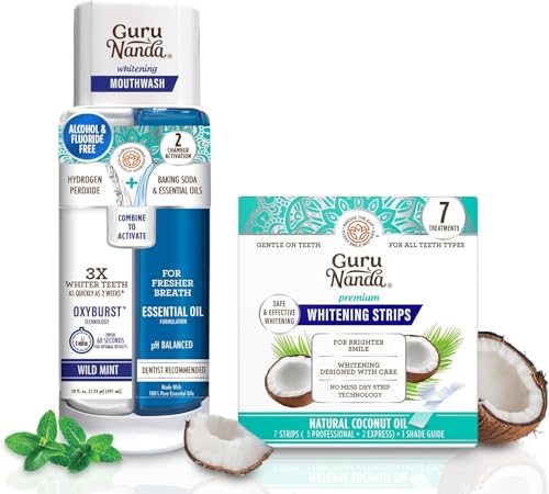 GuruNanda Whitening Wonder Duo, Dual Barrel Oxyburst Whitening Mouthwash 20 Oz & Teeth Whitening Strips with No Slip, Dry Strip Tech, 7 Day Treatments