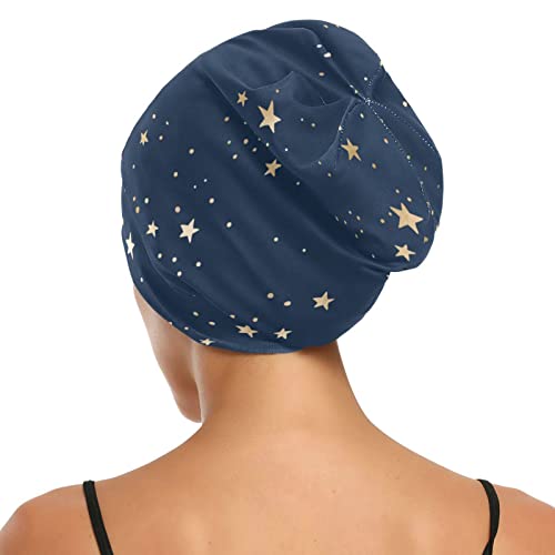 Satin Bonnet Lined Sleep Cap Hair Wrap Cover Slouchy Beanie for Curly Hair Protection for Gifts for Men Women Dark Blue Stars