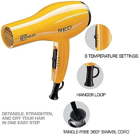 RED by KISS 2000 Ceramic Hair Dryer, Professional Salon Blow Dryer 3 Attachments Included, 2 Detangler Piks, 1 Air Concentrator (Yellow)