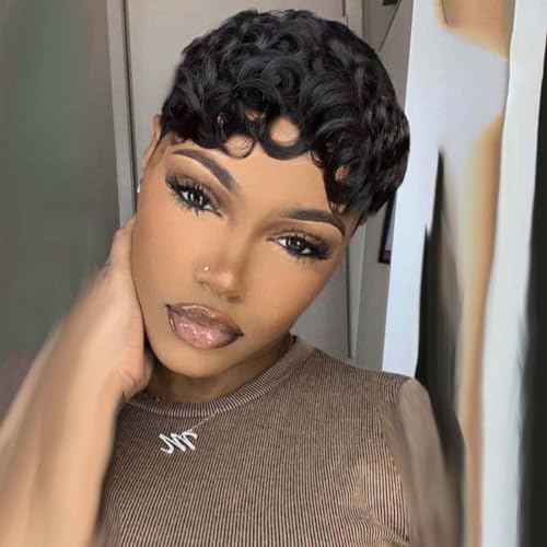 Pixie Cut Wigs for Black Women Pixie Cut Wig Human Hair Short Layered Wigs Full Machine Made Short Haircut Wig Glueless with Bangs Natural Color 1B