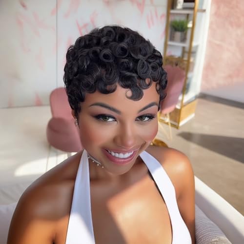 PangDongLai Chic Elegent Pixixe Cut Curly Wigs for Black Women Short Layered Pixie Cut Human Hair Wigs With Bangs Natural Black Color Summer No Glue Short Curly Human Hair Wig
