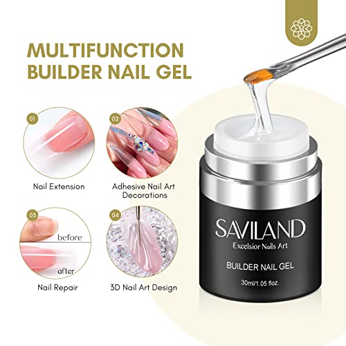 SAVILAND Builder with Air Cushion Design, Clear Hard Gel for Extension, Builder Base &Strengthener Art Manicure Set with 100pcs Forms and Acrylic Brush