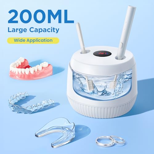 Dental Ultrasonic Retainer Cleaner Machine - Dental Cleaning Pod for Denture, Mouth Guard, Aligner, Night Guard, Braces, Toothbrush Heads, Jewelry, 45kHz Retainer Cleaner with Digital Timer & 200ML