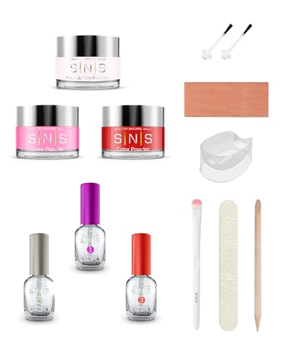 SNS Nail Dip Powder & Base Coat Nail Polish, Dip Powder Starter Kit (Hot Pink & Red) - Includes Foundation Powder, Dip Activator & Top Coat, Replacement Brush, Wood Pusher, Nail File & French Dip Mold