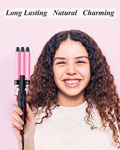 Mini Hair Crimper 1/2 Inch, Small 3 Barrel Curling Iron Hair Waver Dual Voltage for Home and Travel, Triple Ceramic Tiny Barrels Create Natural Tight Beachy Waves, Pink