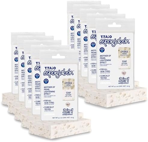 T.Taio Esponjabon Mother of Pearl Soap Sponge - Cleansing Shower Scrubber - Cleaning Bath Wash Scrub - Oil Removal - Massage & Lather Foot, Elbow, & Face - Bathroom Accessories - Fresh Scent (10-pack)
