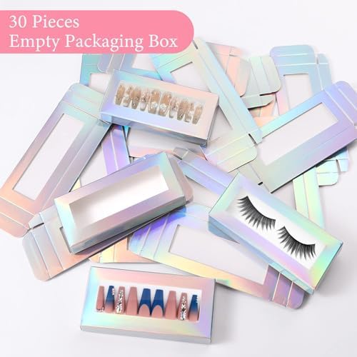 Noverlife 30PCS Empty Press on Nail Package with 30PCS Pullable White Paper Trays, False Nail Packaging Box with Clear Window, Nail Tip Package Boxes for Nail Salon Bussiness - Holographic
