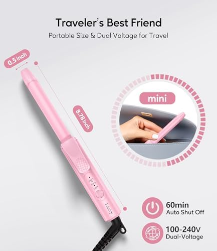 Mini Curling Iron for Short Hair, 1/2 Inch Travel Size Curling Iron Dual Voltage, Ceramic Mini Hair Curler with 3 Adjustable Temperature, Infused with Keratin & Argan Oil, with Storage Bag