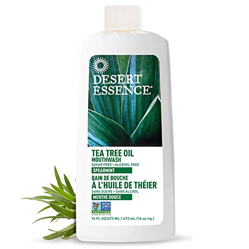 Desert Essence Tea Tree Oil Mouthwash - 16 Fl Ounce - Pack of 6 - Natural Refreshing - Spearmint Flavor - Helps Reduce Plaque Buildup - Refreshes Mouth & Gums - Vitamin C - Oral Care - No Parabens