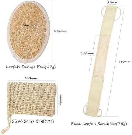 Natural Loofah and Sponge Set, Back Scrubber for Shower with Soap Bag. Body Exfoliating Loofah Sponge for Women and Men, 3-pcs