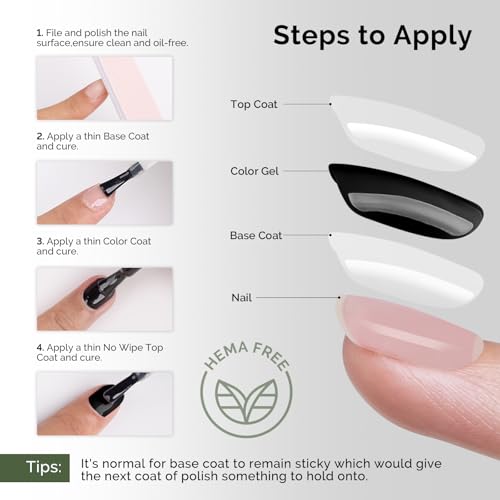 MelodySusie Hema Free Gel Polish Base and Top Coat Set, 2PCS 0.5 Fl Oz Long Lasting Soak Off UV No Wipe Glossy Top Coat and Base Coat for Nail Polish, Nail Art Design Manicure Kit Salon Home