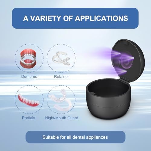 Denture Case Retainer Case,Multipurpose Retainer Cleaning and Store Case with Light & Fan Functions,All-in-one Denture Bath Box Cup for Soaking and Storing Full & Partial Dentures