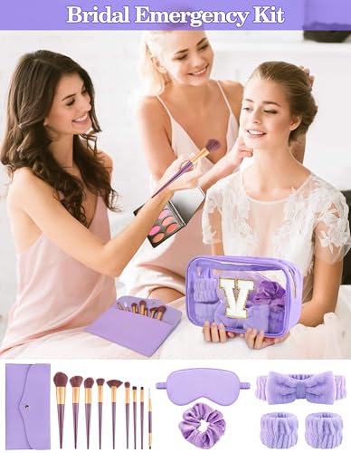 Gift Sets for Women, Initial Makeup Bag with Makeup Brush Set Bachelorette Party Favors, Purple Spa Kit with Skincare Headbands Wrist Bands Sleepover Party Supplies Gifts for Teen Girls Bridesmaid V