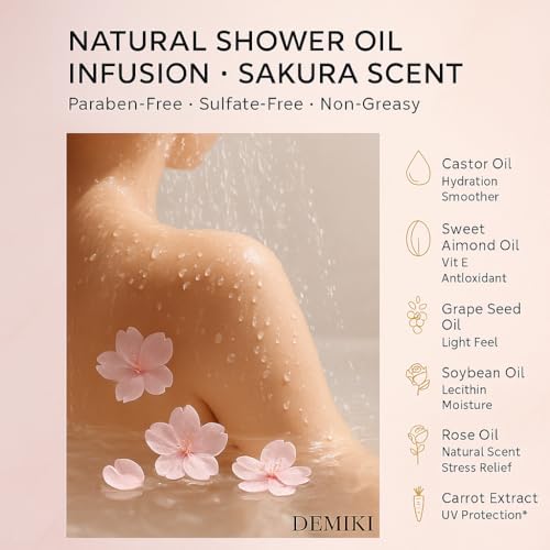 Moisturizing Bath Oil for Dry & Sensitive Skin. Nourishing & Hydrating Winter Care Shower Oil, Soothes & Softens, Locks in Moisture,Sakura Scent, 10 Fl.oz (300ml)