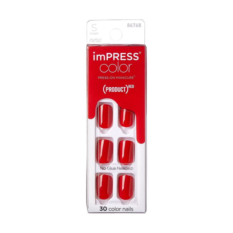 KISS (Product) Red imPRESS Color Press-On Manicure, 'Red Impact', Solid Red Press-On Nails, Short Length & Square Shape, Prep Pad, Mini Nail File, Manicure Stick, & 30 Fake Nails
