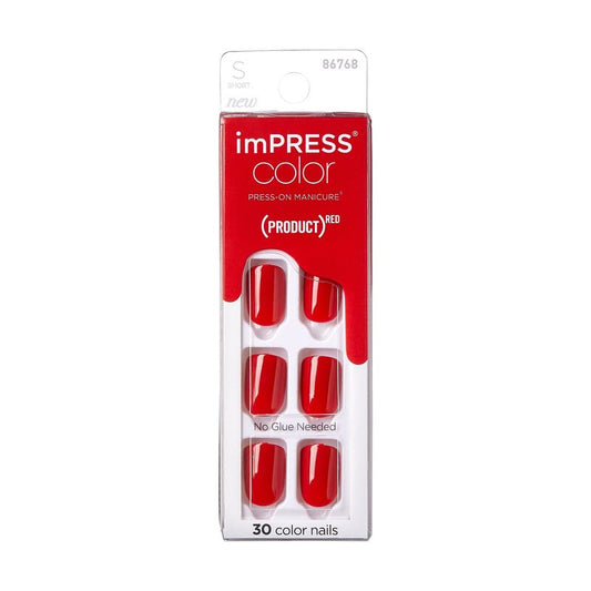 KISS (Product) Red imPRESS Color Press-On Manicure, 'Red Impact', Solid Red Press-On Nails, Short Length & Square Shape, Prep Pad, Mini Nail File, Manicure Stick, & 30 Fake Nails