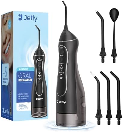 JETLY Water Dental Flosser Teeth Pick Cleaner: Travel Cordless Oral Irrigator 300ML Capacity Portable Rechargeable IPX7 Waterproof Electric Flossing Machine for Teeth Cleaning (Black)