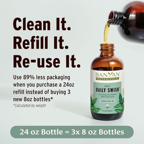 Banyan Botanicals Mint Daily Swish – Organic Ayurvedic Pulling Oil with Coconut Oil – Mouthwash for Fresh Breath and Sparkling Oral Health* – 8 oz – Non GMO Sustainably Sourced Vegan