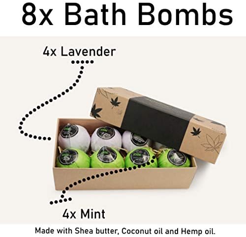 Hemp Bath Bombs, Large Set of 8. Mint, Lavender & Hemp Scents. Vegan, Muscle Therapy, Relaxing & Soothing
