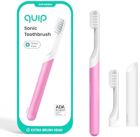 Quip Sonic Toothbrush for Adults with Timer - Includes Extra Brush Head and Travel Cover Mount - Electric, Soft Bristle Refill Head, Plastic Handle, 3 Month Battery Life - Travel Toothbrush - Magenta