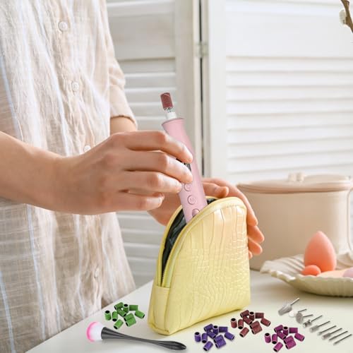 Cordless Electric Nail File Set, 10 Speeds Professional Manicure Pedicure Kit with LED Light, Portable Nail Drill for Natural & Acrylic Nails, Human & Pet Thick Toenails, w 120*Sanding Bands (Pink)