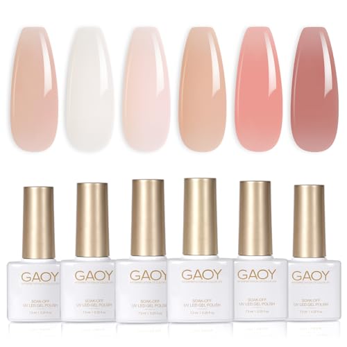 GAOY Milky Jelly Nude Gel Nail Polish Set, 6 Transparent Colors Sheer White Pink Soak Off UV Light Cure Gel Polish Kit for Salon and Nail Art DIY at Home