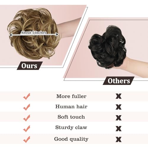 RUWISS Claw Clip Messy Bun Hair Piece Real Human Hair Buns Wavy Curly Chignon Hair Bun Extensions Tousled Updo Hair Buns Claw Clip Ponytail Hairpieces - Brown with Blonde Highlights