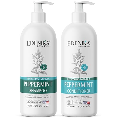Peppermint Shampoo and Conditioner with Castor Oil & Biotin, Soothes Dry, Itchy Scalp, Strengthens Hair, Reduces Thinning & Hair Loss, Promotes Growth, Adds Volume, Sulfate-Free, 16 fl oz Each