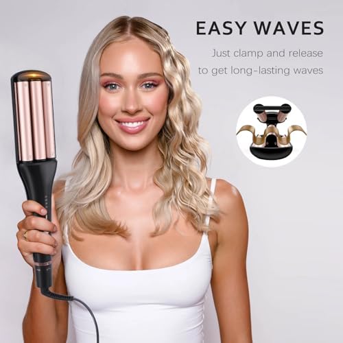 Crimper Hair Tool with 3 Ceramic Barrels, Beach Waves Curling Iron 3/4 & 1 & 1 1/4 Inch, Deep Waver with 4 Heat Settings, Adjustable Curling Wand for Long Hair Women, Dual Voltage