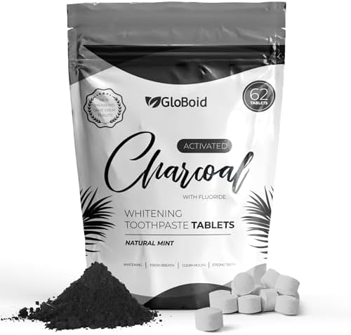GloBoid Charcoal Toothpaste Tablets with Fluoride, Zero Waste Toothpaste Bits, Eco Friendly Toothpaste Tabs, Plastic Free Toothpaste Bites - 1 Month Supply - 62 Count - Mint