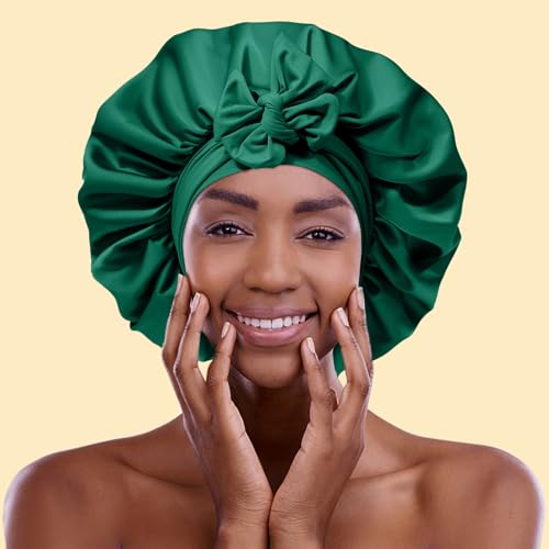 AWAYTR Satin Bonnet for Women Tie Band Hair Bonnet Large 2 Layered Silk Sleeping Cap Nightcap with 3PCS Hair Scrunchies (Green)