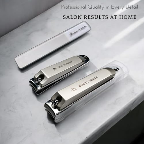 Nail Clippers Set 3 in 1 - Stainless Steel Toe Nail Clippers, Fingernail Clipper, Glass Nail File, Anti Splash, Ergonomic Grip in PU Leather Travel Case for Men & Women (Brown Case)