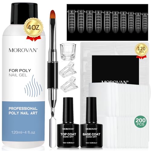Morovan Poly Gel Slip Solution - 4oz Slip Solution for PolyGel Nails Anti-Stick Extension Gel Kit with Base Coat Top Coat Nail Cleaner Dual Nail Forms
