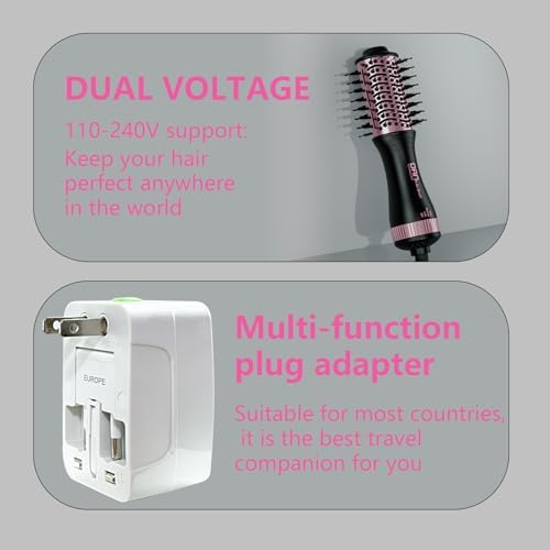 DAN Dual Voltage Hair Dryer Brush, Auto Dual Voltage 110V-120V/220V-240V Travel Hair Dryer Brush,Small Hot Air Brush with Multifunctional Conversion Plug,4 in 1 Blow Dryer Brush and Styler Volumizer