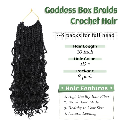 8 Packs Goddess Box Braids 10 Inch Pre-looped Bohemian Crochet Boho Box Braids With Curly Ends 3X Crochet Braids Hair for Women Synthetic Braiding Hair 16 Strands (#1B)
