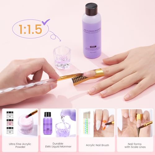 Acrylic Nail Kit with Everything: Beginners Practice Hand Acrylic Nail Powder Liquid Set with U V Lamp Drill in Gift Bag for Beginners Home Salon(Pink Bag)